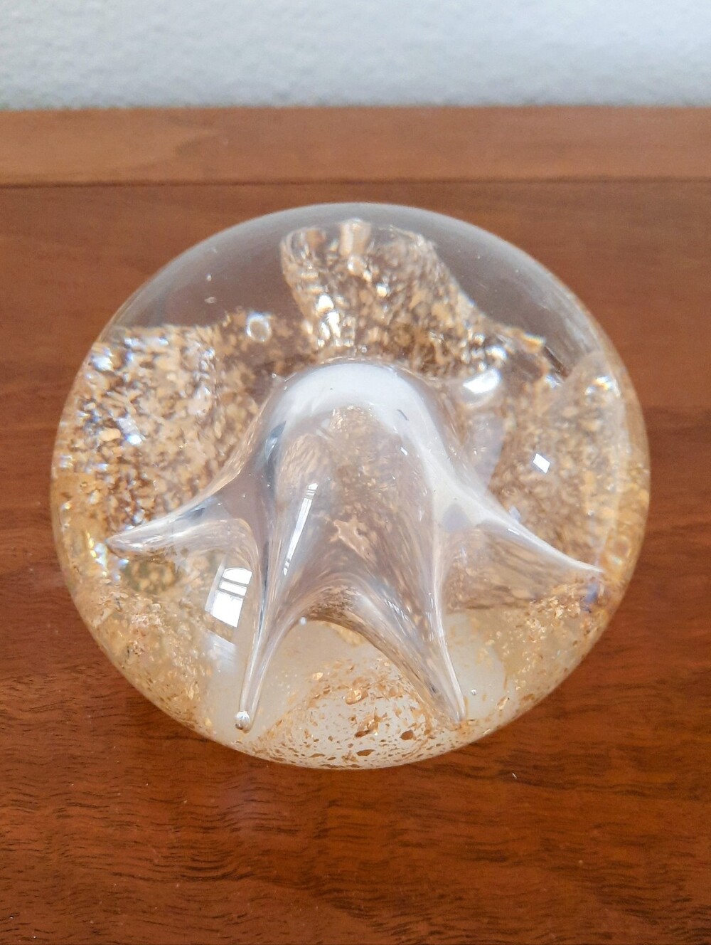 Vintage 70s Italian Clear Glass Art Paperweight with Gold Glitter Flecks